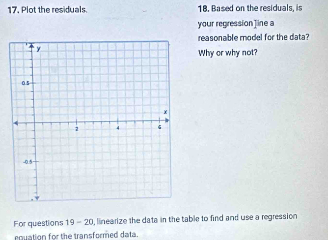 17, Plot the residuals. 18. Based on the residuals, is 
your regression]ine a 
reasonable model for the data? 
Why or why not? 
For questions 19 - 20, linearize the data in the table to find and use a regression 
equation for the transformed data.