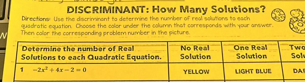 DISCRIMINANT: How Many Solutions?
Directions: Use the discriminant to determine the number of real solutions to each
quadratic equation. Choose the color under the column that corresponds with your answer.
Then color the corresponding problem number in the picture.
F