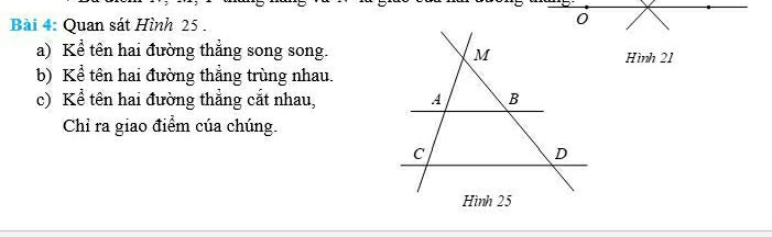 Quan sát Hình 25. 
a) Kể tên hai đường thẳng song song.Hình 21
b) Kể tên hai đường thẳng trùng nhau. 
c) Kể tên hai đường thẳng cắt nhau, 
Chỉ ra giao điểm của chúng.