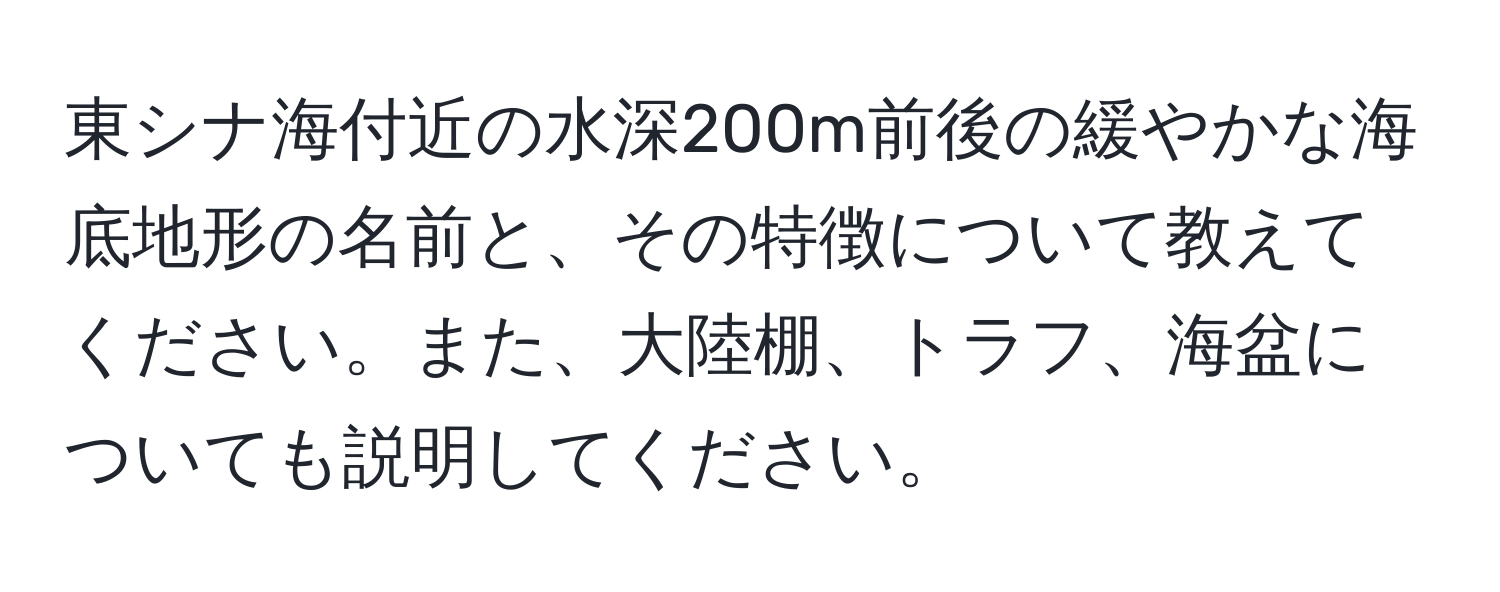 東シナ海付近の水深200m前後の緩やかな海底地形の名前と、その特徴について教えてください。また、大陸棚、トラフ、海盆についても説明してください。