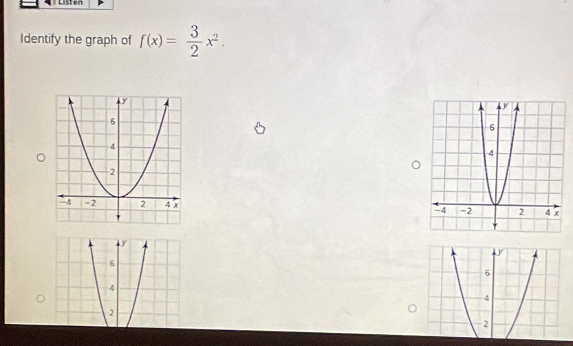 Listen 
Identify the graph of f(x)= 3/2 x^2.