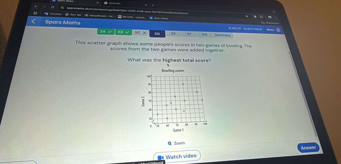 CENTURY 
+ 
sparxmaths.uk/student/package/fe8b1084-0329-47d8-aacc-9e7291f2ecb8/task/3/tem/4 
Translate # New Tab (#) MangaReader - Re... RM Unify - Launch... Sparx Maths 
Sparx Maths 18,480 XP Ibrahim MALIK Menu 
3A 3B 3cx 3D 3E 3F 3G Summary 
This scatter graph shows some people's scores in two games of bowling. The 
scores from the two games were added together. 
What was the highest total score? 
Bowling scores
100 ↑ 
. 90
80
70
x
60
×
50
0 50 60 70 90 100
Game 1 
Q Zoom 
Answer 
Watch video