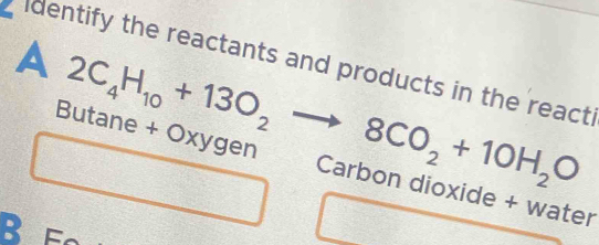 A Identify the reactants and products in the react.
2C_4H_10+13O_2to 8CO_2+10H_2O
Butane + Oxygen Carbon dioxide + water 
B E