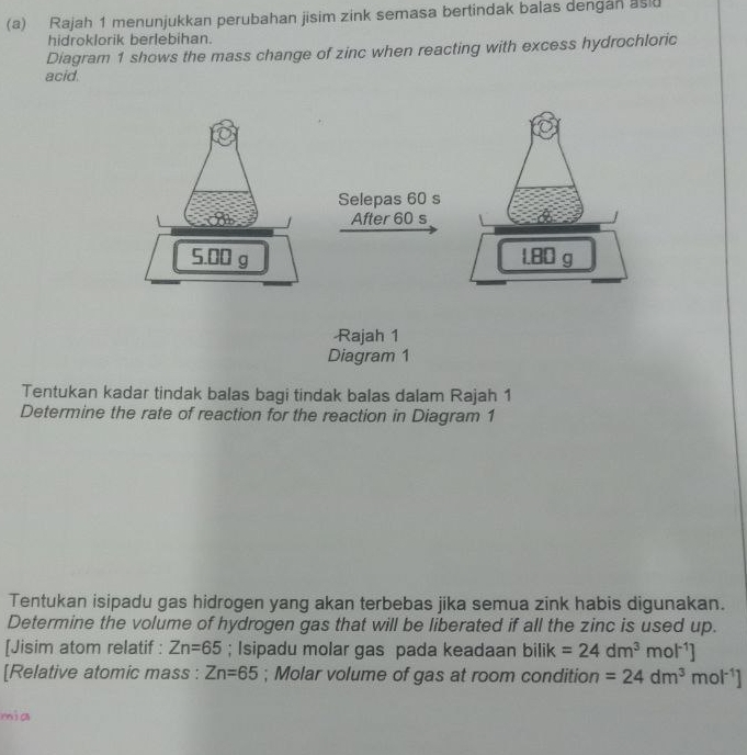 Rajah 1 menunjukkan perubahan jisim zink semasa bertindak balas dengan asid
hidroklorik berlebihan.
Diagram 1 shows the mass change of zinc when reacting with excess hydrochloric
acid.
Selepas 60 s
After 60 s
5.00 g 1.80 g
Rajah 1
Diagram 1
Tentukan kadar tindak balas bagi tindak balas dalam Rajah 1
Determine the rate of reaction for the reaction in Diagram 1
Tentukan isipadu gas hidrogen yang akan terbebas jika semua zink habis digunakan.
Determine the volume of hydrogen gas that will be liberated if all the zinc is used up.
[Jisim atom relatif : Zn=65; Isipadu molar gas pada keadaan bilik=24dm^3mol^(-1)]
[Relative atomic mass : Zn=65; Molar volume of gas at room condition =24dm^3mol^(-1)]
mìa