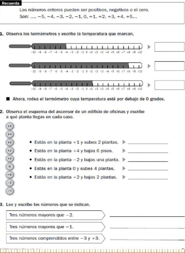 Recuerda 
Los números enteros pueden ser positivos, negativos o el cero. 
Son:..., -5, -4, -3, -2, -1, 0, +1, +2, +3, +4, +5... 
1. Observa los termómetros y escribe la temperatura que marcan.
1
-10 -9 -8 -7 -6 -5 -4 -3 -2 -1 0 +1 +2 +3 +4 +5 +6 +7 +8 +9 +10
|
-10 -9 -8 -7 -6 -5 -4 -3 -2 -1 0 +1 +2 +3 + 4 +5 +6 +7 +8 +9 +10
-10 -9 -8 -7 -6 -5 -4 -3 -2 -1 0 +1 +2 +3 +4 +5 +6 +7 +8 +9 +10
Ahora, rodea el termómetro cuya temperatura esté por debajo de O grados. 
2. Observa el esquema del ascensor de un edificio de oficinas y escribe 
a qué planta llegas en cada caso.
+3 Estás en la planta +1 y subes 2 plantas._
+2 Estás en la planta +4 y bajas 6 pisos._
+1 Estás en la planta −2 y bajas una planta._
0 Estás en la planta 0 y subes 4 plantas._
-1 Estás en la planta +2 y bajas 2 plantas._
-2
-3
3. Lee y escribe los números que se indican. 
Tres números mayores que −2._ 
Tres números mayores que −1._ 
Tres números comprendidos entre -3y+3. _