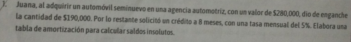 Juana, al adquirir un automóvil seminuevo en una agencia automotriz, con un valor de $280,000, dio de enganche 
la cantidad de $190,000. Por lo restante solicitó un crédito a 8 meses, con una tasa mensual del 5%. Elabora una 
tabla de amortización para calcular saldos insolutos.