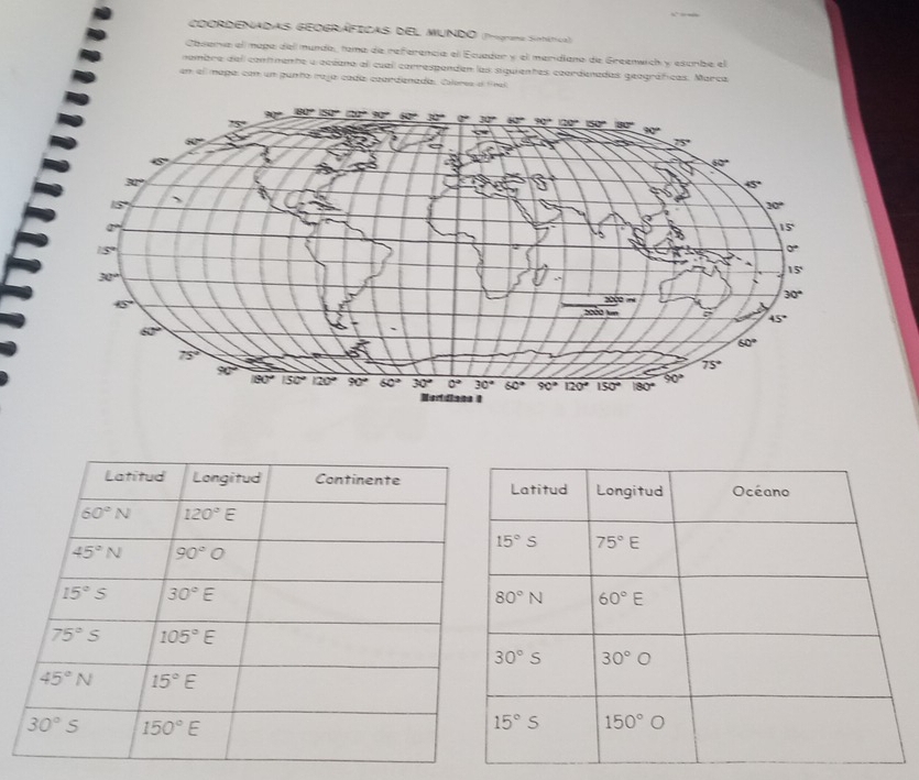 COORDENADAS GEOgRÁFICAS dEL MUNDO (Pgare Sotétca)
Obuama el maga del mundo, tama de referencia el Ecuadar y el mendiano de Greenwich y escrbe el
nombre del continente a acéano al cual correspanden las siguientes coordenadas geográficas. Marca
en el maga con un punto raja cadía caardenada. Coleres e frel