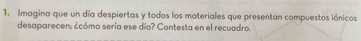 Imagina que un día despiertas y todos los materiales que presentan compuestos iónicos 
desaparecen; ¿cómo sería ese día? Contesta en el recuadro.