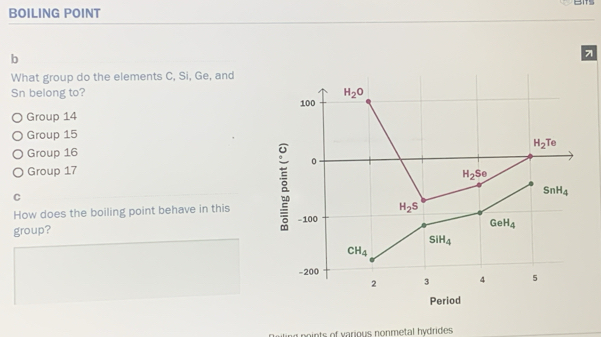 BOILING POINT
b
71
What group do the elements C, Si, Ge, and
Sn belong to?
Group 14
Group 15
Group 16
Group 17
C
How does the boiling point behave in this 
group?
iling points of various nonmetal hydrides .