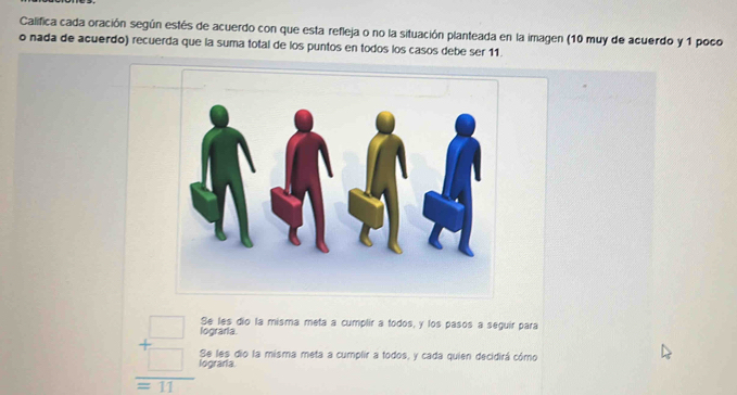 Califica cada oración según estés de acuerdo con que esta refleja o no la situación planteada en la imagen (10 muy de acuerdo y 1 poco
o nada de acuerdo) recuerda que la suma total de los puntos en todos los casos debe ser 11.
Se les dio la misma meta a cumplir a todos, y los pasos a seguir para
lograria.
beginarrayr □  +□  hline =11endarray lograria.
Se les dio la misma meta a cumplir a todos, y cada quien decidirá cómo