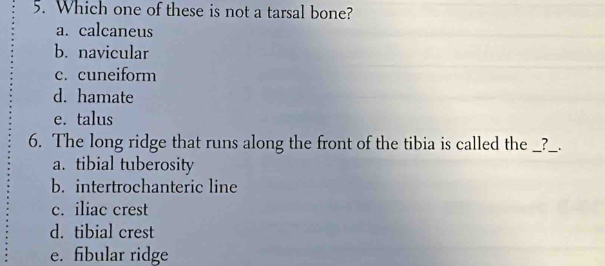 Which one of these is not a tarsal bone?
a. calcaneus
b. navicular
c. cuneiform
d. hamate
e. talus
6. The long ridge that runs along the front of the tibia is called the _?_ _.
a. tibial tuberosity
b. intertrochanteric line
c. iliac crest
d. tibial crest
e. fibular ridge