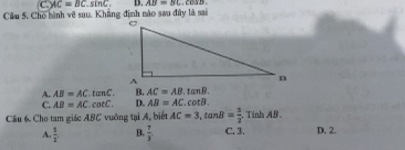 AC=BC.sin C. D. AB=BC
Câu 5. Cho hình vẽ sau. Khẳng định nào sau đây là sai
A. AB=AC tan L B. AC=AB.tan B.
C. AB=AC ,cot C D. AB=AC. cot B. 
Câu 6. Cho tam giác ABC vuỡng tại A, biết AC=3, tan B= 3/2 . Tinh AB.
A.  5/2 .  7/3 . C. 3. D. 2.
B.