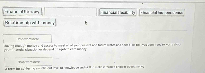 Financial literacy Financial flexibility Financial independence 
Relationship with money 
Drop word here 
Having enough money and assets to meet all of your present and future wants and needs—so that you don't need to worry about 
your financial situation or depend on a job to earn money 
Drop word here 
A term for achieving a sufficient level of knowledge and skill to make informed choices about money