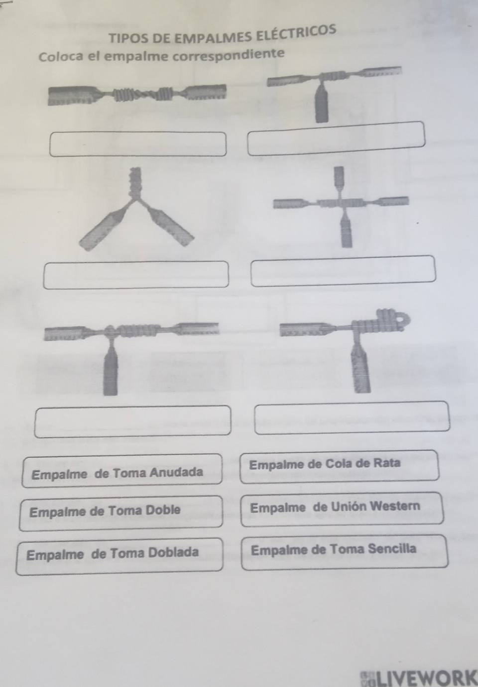 TIPOS DE EMPALMES ELÉCTRICOS 
Coloca el empalme correspondiente 
Empalme de Toma Anudada Empalme de Cola de Rata 
Empalme de Toma Doble Empalme de Unión Western 
Empalme de Toma Doblada Empalme de Toma Sencilla 
BLIVEWORK