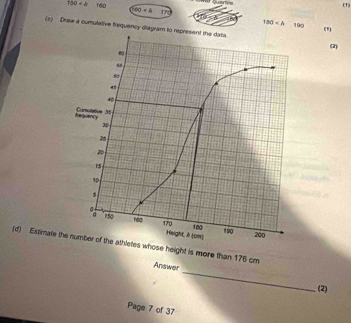 ower quartile. 
(1)
150 160 160 170
B 180 190
(c) Draw a cumulative frequency diagram to re 
(1) 
(2) 
(d) Estimate thhose height is more than 176 cm
_ 
Answer 
(2) 
Page 7 of 37