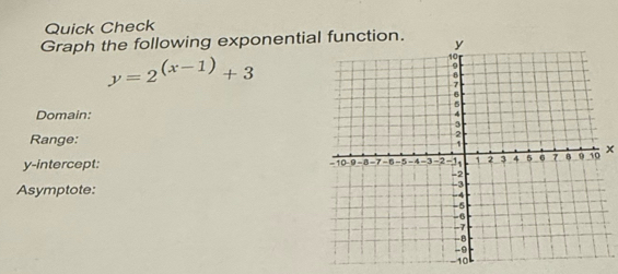 Quick Check 
Graph the following exponenti
y=2^((x-1))+3
Domain: 
Range: 
y-intercept: x
Asymptote:
-0