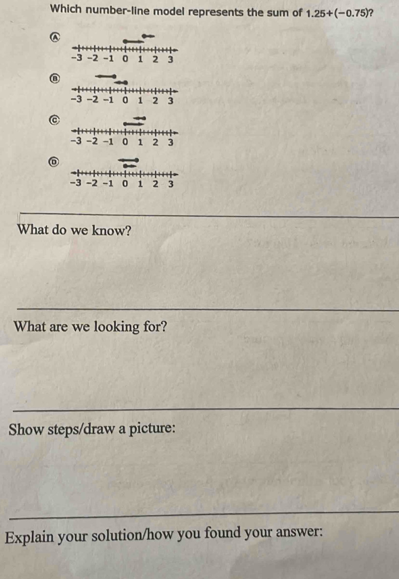 Which number-line model represents the sum of 1.25+(-0.75) ? 
@
-3 -2 -1 0 1 2 3
-3 -2 -1 0 1 2 3
C
-3 -2 -1 0 1 2 3
What do we know? 
What are we looking for? 
Show steps/draw a picture: 
Explain your solution/how you found your answer: