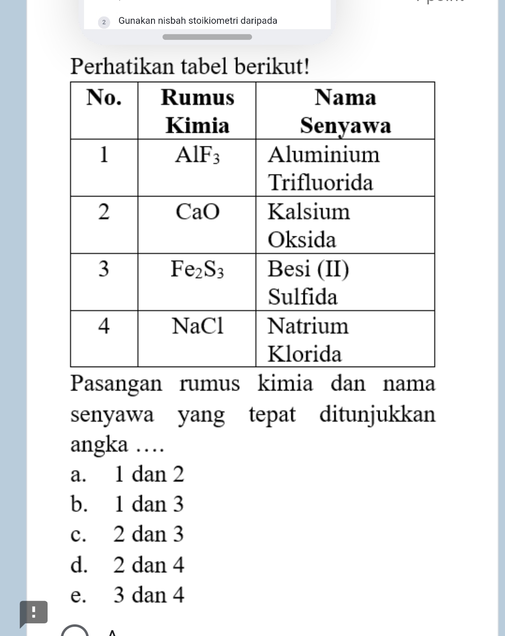 Gunakan nisbah stoikiometri daripada
Perhatikan tabel berikut!
Pasangan rumus kimia dan nama
senyawa yang tepat ditunjukkan
angka …
a. 1 dan 2
b. 1 dan 3
c. 2 dan 3
d. 2 dan 4
e. 3 dan 4
!