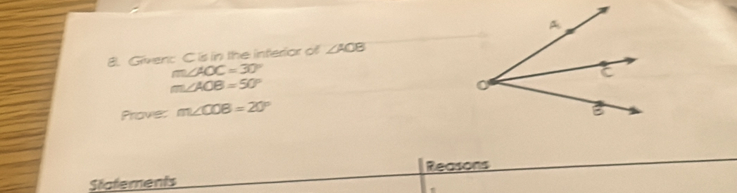 Given: Cis in the inferior of ∠ AOB
m∠ AOC=30°
m∠ AOB=50°
Proves m∠ COB=20°
Reasons 
Statements