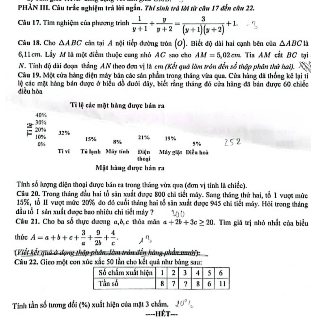 PHẢN III. Câu trắc nghiệm trả lời ngắn. Thí sinh trả lời từ câu 17 đến câu 22.
Câu 17. Tìm nghiệm của phương trình  1/y+1 + y/y+2 = 3/(y+1)(y+2) +1.
Câu 18. Cho △ ABC cân tại A nội tiếp đường tròn| c 0). Biết độ dài hai cạnh bên của △ ABC là
6,11cm. Lấy M là một điểm thuộc cung nhỏ AC sao cho AM=5,02cm. Tia AM cắt BC tại
N. Tính độ dài đoạn thẳng AN theo đơn vị là cm (Kết quả làm tròn đến số thập phân thứ hai).
Câu 19. Một cửa hàng điện máy bán các sản phẩm trong tháng vừa qua. Cửa hàng đã thống kê lại tỉ
lệ các mặt hàng bán được ở biểu đồ đưới đây, biết rằng tháng đó cửa hàng đã bán được 60 chiếc
điều hòa
Tỉ lệ các mặt hàng được bán ra
40%
30%
C 20%
10% 32%
21% 19%
15% 8%
0%
5%
Ti vi Tủ lạnh Máy tính Điện Máy giặt Điều hoà
thoại
Mặt hàng được bán ra
Tính số lượng điện thoại được bán ra trong tháng vừa qua (đơn vị tính là chiếc).
Câu 20. Trong tháng đầu hai tổ sản xuất được 800 chi tiết máy. Sang tháng thứ hai, tổ 1 vượt mức
15%, tổ II vượt mức 20% do đó cuối tháng hai tổ sản xuất được 945 chi tiết máy. Hỏi trong tháng
đầu tổ I sản xuất được bao nhiêu chi tiết máy ?
Câu 21. Cho ba số thực dương a,b,c thỏa mãn a+2b+3c≥ 20. Tìm giá trị nhỏ nhất của biểu
thức A=a+b+c+ 3/a + 9/2b + 4/c .
(Viết kết quả ở dạng thập phân, làm tròn đến hàng phần mười):
Câu 22. Gieo một con xúc xắc 50 lần cho kết quả như bảng sau:
Tính tần số tương đối (%) xuất hiện của mặt 3 chấm.
----HÊT.