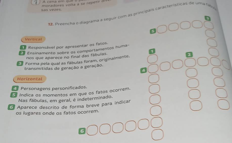 A cena em que 5
moradores volta a se repetir di 
sas vezes.
12. Preencha o diagrama a seguir com as principais características de um a fa 
5
Vertical
Responsável por apresentar os fatos.
Ensinamento sobre os comportamentos huma~
1
nos que aparece no final das fábulas.
El Forma pela qual as fábulas foram, originalmente.
transmitidas de geração a geração.
4
Horizontal
Personagens personificados.
5 Indica os momentos em que os fatos ocorrem.
Nas fábulas, em geral, é indeterminado.
6 Aparece descrito de forma breve para indicar
os lugares onde os fatos ocorrem.
6