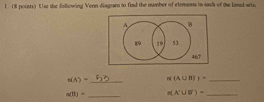 Use the following Venn diagram to find the number of elements in each of the listed sets. 
B
89 19 53
467
n(A')= _ 
_ n((A∪ B)')=
n(B)= _ 
_ n(A'∪ B')=