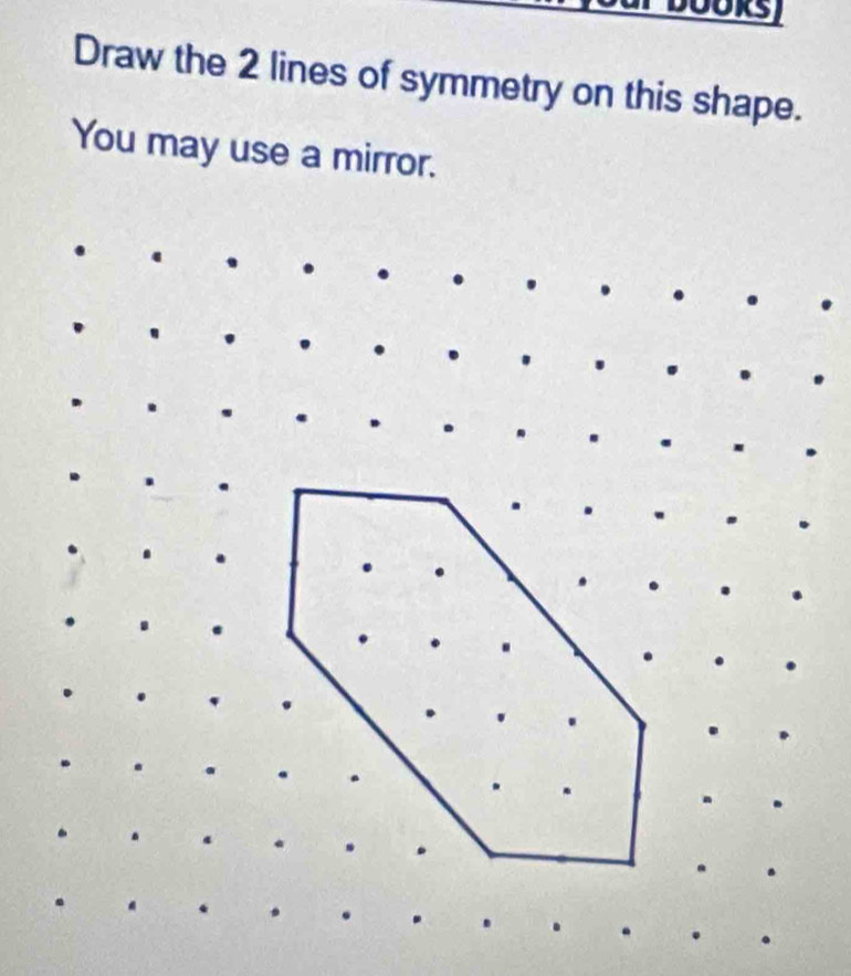 Draw the 2 lines of symmetry on this shape. 
You may use a mirror.