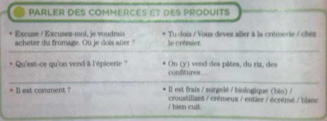 PARLER DES COMMERCES ET DES PRODUITS 
Excuse / Excusez-mol, je voudrais Tu dois / Vous devez aller à la crémerie / chez 
acheter du fromage. Où je dois aller ? le crémier. 
Qu'est-ce qu'on vend à l'épicerie ? On (y) vend des pâtes, du riz, des 
confitures… 
_ 
Il est comment ? Il est frais / surgelé / biologique (bio) / 
croustillant / crémeux / entier / écrémé / blanc 
/ bien cuit.