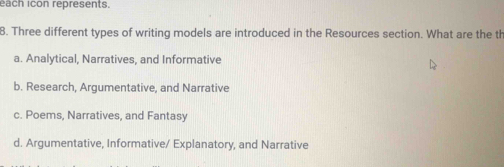 each icon represents.
8. Three different types of writing models are introduced in the Resources section. What are the th
a. Analytical, Narratives, and Informative
b. Research, Argumentative, and Narrative
c. Poems, Narratives, and Fantasy
d. Argumentative, Informative/ Explanatory, and Narrative