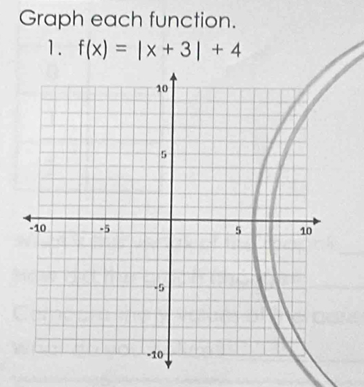 Graph each function. 
1. f(x)=|x+3|+4