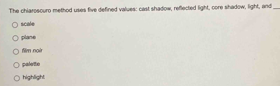 The chiaroscuro method uses five defined values: cast shadow, reflected light, core shadow, light, and_
scale
plane
film noir
palette
highlight