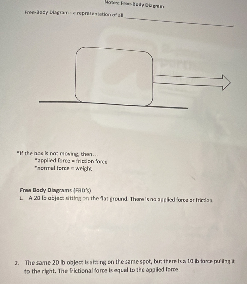 Notes: Free-Body Diagram 
_ 
Free-Body Diagram - a representation of all 
*If the box is not moving, then... 
*applied force = friction force 
'normal force = weight 
Free Body Diagrams (FBD’s) 
1. A 20 Ib object sitting on the flat ground. There is no applied force or friction. 
2. The same 20 lb object is sitting on the same spot, but there is a 10 lb force pulling it 
to the right. The frictional force is equal to the applied force.