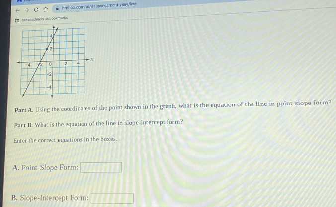 capacschools us bookmarks 
Part A. Using the coordinates of the point shown in the graph, what is the equation of the line in point-slope form? 
Part B. What is the equation of the line in slope-intercept form? 
Enter the correct equations in the boxes. 
A. Point-Slope Form: □ 
B. Slope-Intercept Form: □