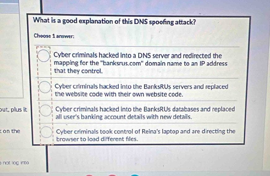 Solved: What is a good explanation of this DNS spoofing attack? Choose ...