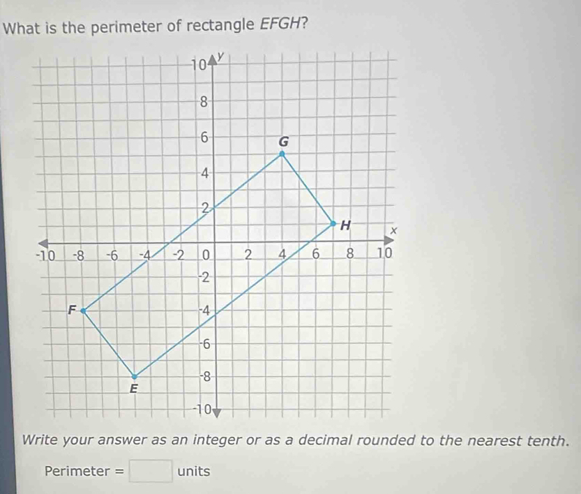 What is the perimeter of rectangle EFGH? 
Perimeter =□ units