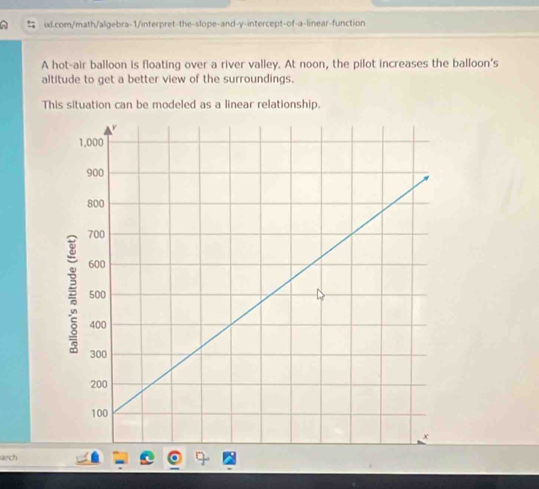 ixLcom/math/algebra-1/interpret-the-slope-and-y-intercept-of-a-linear-function 
A hot-air balloon is floating over a river valley. At noon, the pilot increases the balloon's 
altitude to get a better view of the surroundings. 
This situation can be modeled as a linear relationship. 
arrch