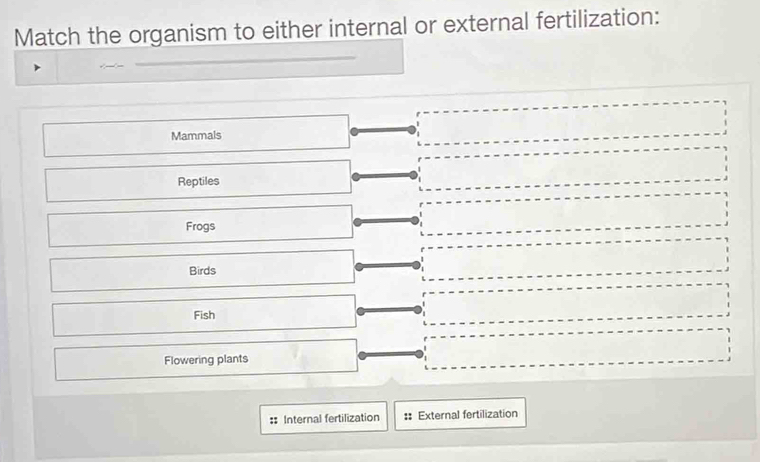 Match the organism to either internal or external fertilization: 
Mammals 
Reptiles 
Frogs 
Birds 
Fish 
Flowering plants 
: Internal fertilization :: External fertilization