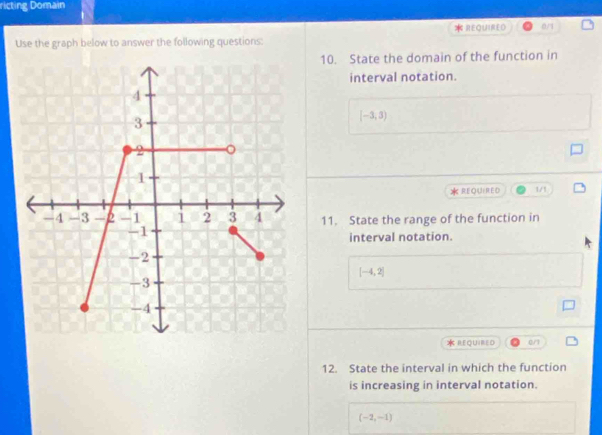 ricting Domain 
* 
Use the graph below to answer the following questions: REQUIRED 0/ 
10. State the domain of the function in 
interval notation.
[-3,3)
* REQUIRED 1/1 
11. State the range of the function in 
interval notation.
[-4,2]
REQUIRED 0/1
12. State the interval in which the function 
is increasing in interval notation.
(-2,-1)