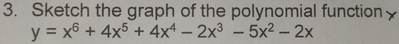 Sketch the graph of the polynomial function
y=x^6+4x^5+4x^4-2x^3-5x^2-2x