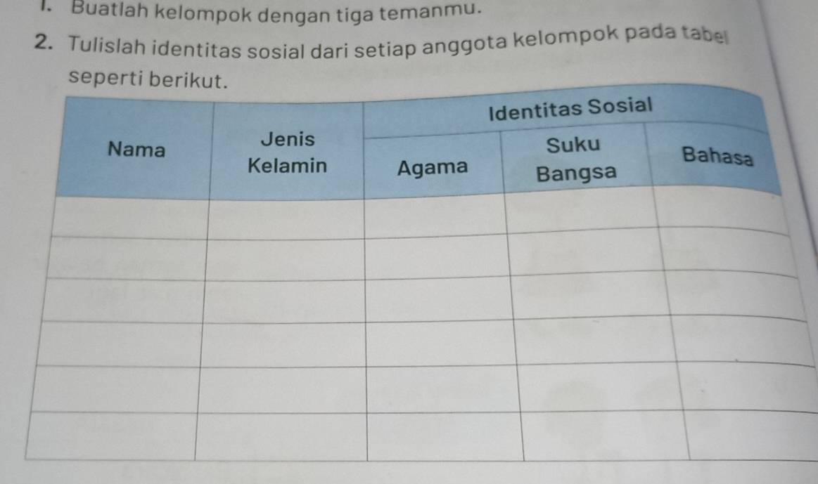 Buatlah kelompok dengan tiga temanmu. 
2. Tulislah identitas sosial dari setiap anggota kelompok pada tabe