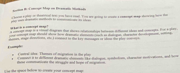 Concept Map on Dramatic Methods 
Choose a play or theatrical text you have read. You are going to create a concept map showing how the 
play uses dramatic methods to communicate its ideas 
What is a concept map? 
A concept map is a visual diagram that shows relationships between different ideas and concepts. For a play, 
your concept map should show how dramatic elements (such as dialogue, character development, setting, 
themes, stage directions, etc.) connect to the key messages or ideas the play conveys. 
Example: 
Central idea: Themes of migration in the play 
Connect it to different dramatic elements like dialogue, symbolism, character motivations, and how 
these communicate the struggle and hope of migration. 
Use the space below to create your concept map: