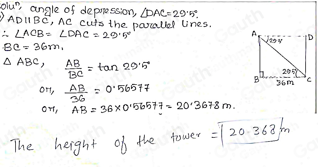 Solved: The angle of depression from the top of a television tower to a ...