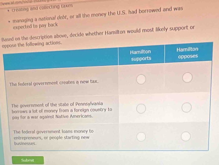 stud 
creating and collecting taxes 
managing a national debt, or all the money the U.S. had borrowed and was 
expected to pay back 
Bad on the description above, decide whether Hamilton would most likely support or 
op 
Submit