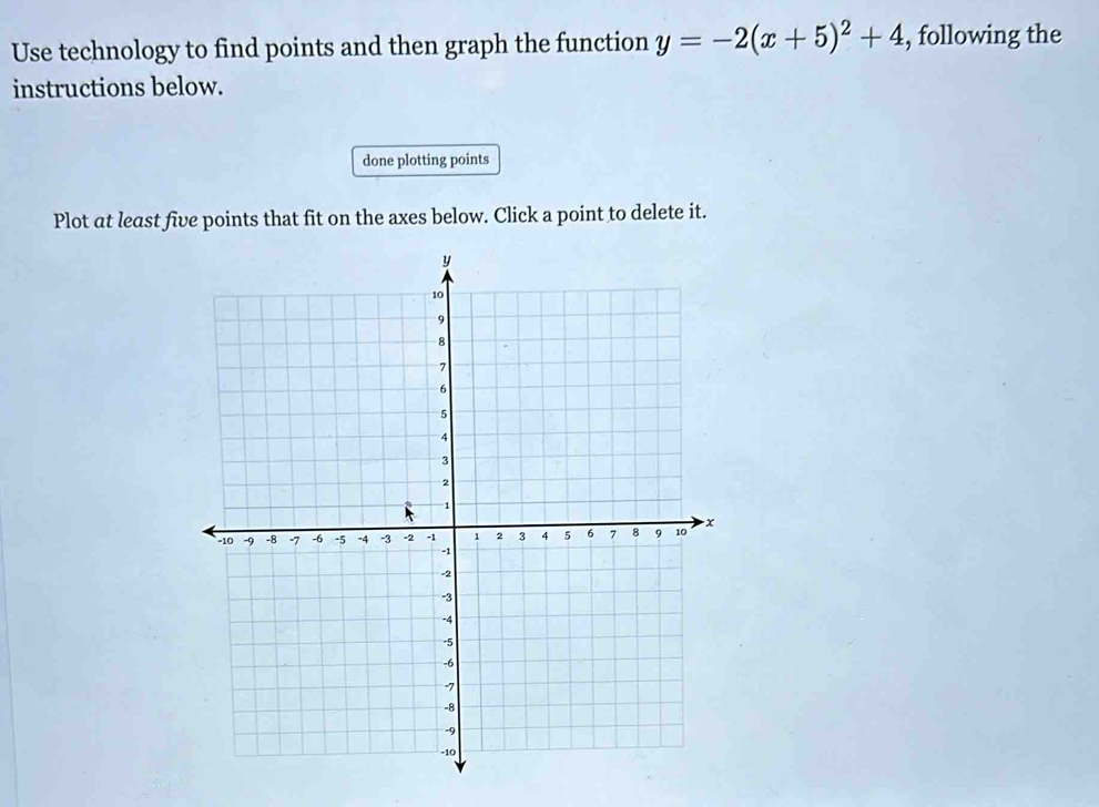 Use technology to find points and then graph the function y=-2(x+5)^2+4 , following the 
instructions below. 
done plotting points 
Plot at least five points that fit on the axes below. Click a point to delete it.