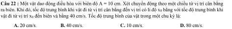 Một vật dao động điều hòa với biên độ A=10cm a. Xét chuyển động theo một chiều từ vị trí cân bằng
ra biên. Khi đó, tốc độ trung bình khi vật đi từ vị trí cân bằng đến vị trí có li độ xạ bằng với tốc độ trung bình khi
vật đi từ vị trí xã đến biên và bằng 40 cm/s. Tốc độ trung bình của vật trong một chu kỳ là:
A. 20 cm/s. B. 40 cm/s, C. 10 cm/s. D. 80 cm/s.