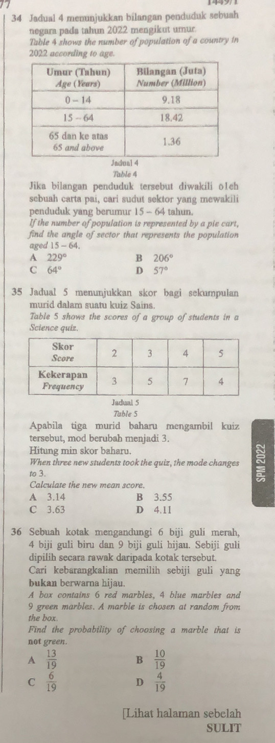 Jadual 4 menunjukkan bilangan penduduk sebuah
negara pada tahun 2022 mengikut umur.
Table 4 shows the number of population of a country in
2022 according to age.
Table 4
Jika bilangan penduduk tersebut diwakili o1eh
sebuah carta pai, cari sudut sektor yang mewakili
penduduk yang berumur 15-64 tahun.
If the number of population is represented by a pie cart,
find the angle of sector that represents the population
aged 15-64.
A 229°
B 206°
C 64°
D 57°
35 Jadual 5 menunjukkan skor bagi sekumpulan
murid dalam suatu kuiz Sains.
Table 5 shows the scores of a group of students in a
Science quiz.
Jadual 5
Table 5
Apabila tiga murid baharu mengambil kuiz
tersebut, mod berubah menjadi 3.
Hitung min skor baharu.
When three new students took the quiz, the mode changes 5
to 3.
Calculate the new mean score.
A 3.14 B 3.55
C 3.63 D 4.11
36 Sebuah kotak mengandungi 6 biji gulí merah,
4 biji guli biru dan 9 biji guli hijau. Sebiji guli
dipilih secara rawak daripada kotak tersebut.
Cari kebarangkalian memilih sebiji guli yang
bukan berwarna hijau.
A box contains 6 red marbles, 4 blue marbles and
9 green marbles. A marble is chosen at random from
the box.
Find the probability of choosing a marble that is
not green.
A  13/19 
B  10/19 
C  6/19 
D  4/19 
[Lihat halaman sebelah
SULIT