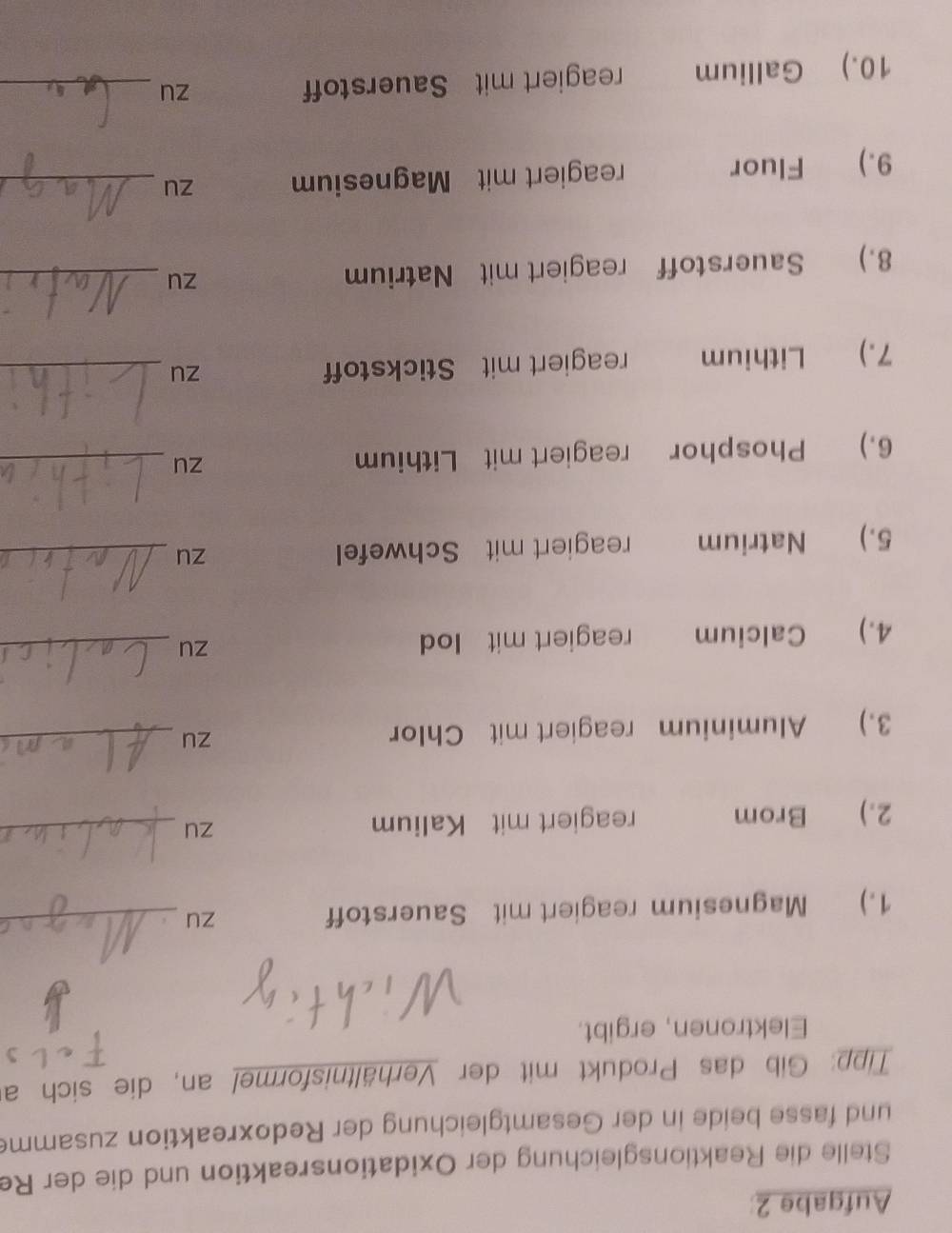 Aufgabe 2 
Stelle die Reaktionsgleichung der Oxidationsreaktion und die der Re 
und fasse beide in der Gesamtgleichung der Redoxreaktion zusamme 
Tipp: Gib das Produkt mit der Verhältnisformel an, die sich as 
Elektronen, ergibt. 
1.) Magnesium reagiert mit Sauerstoff zu_ 
2.) Brom reagiert mit Kalium zu_ 
3.) Aluminium reagiert mit Chlor zu_ 
4.) Calcium reagiert mit Iod zu_ 
5.) Natrium reagiert mit Schwefel zu_ 
6.) Phosphor reagiert mit Lithium zu_ 
7.) Lithium reagiert mit Stickstoff zu_ 
8.) Sauerstoff reagiert mit Natrium 
zu_ 
9.) Fluor reagiert mit Magnesium zu_ 
10.) Gallium reagiert mit Sauerstoff 
zu_