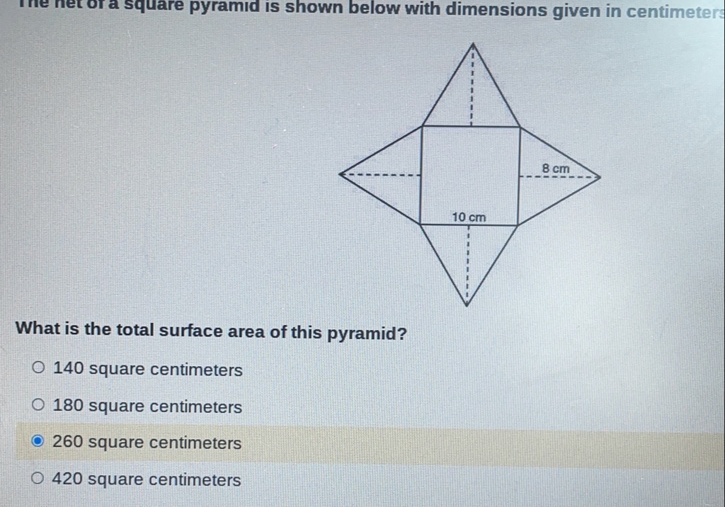 The net of a square pyramid is shown below with dimensions given in centimeter
What is the total surface area of this pyramid?
140 square centimeters
180 square centimeters
260 square centimeters
420 square centimeters