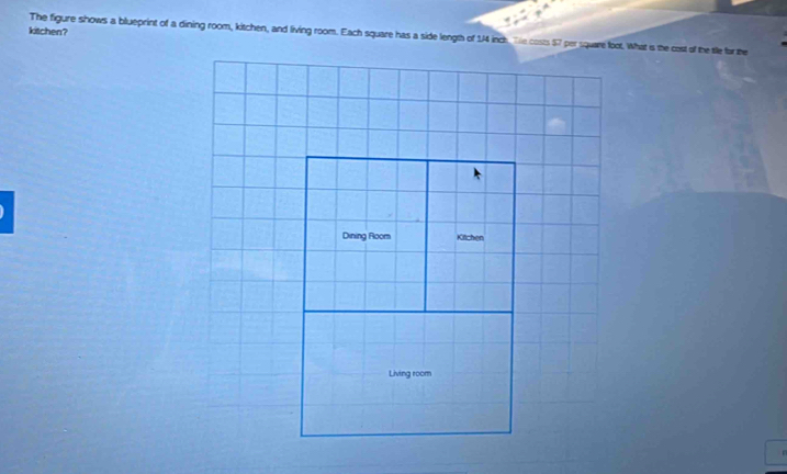 kitchen? 
The figure shows a blueprint of a dining room, kitchen, and living room. Each square has a side length of 14 inch. Tie costs $7 per square foot. What is the cost of the tile for the