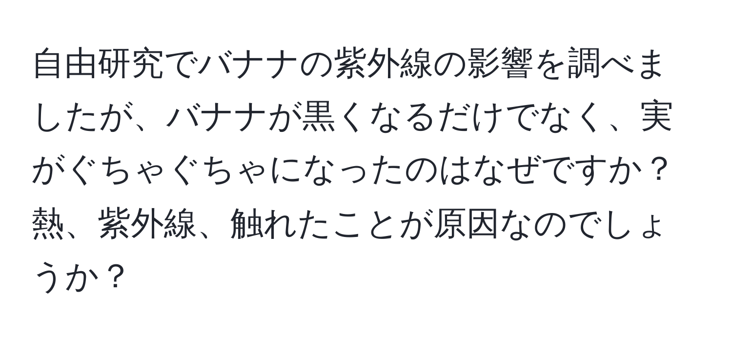 自由研究でバナナの紫外線の影響を調べましたが、バナナが黒くなるだけでなく、実がぐちゃぐちゃになったのはなぜですか？熱、紫外線、触れたことが原因なのでしょうか？